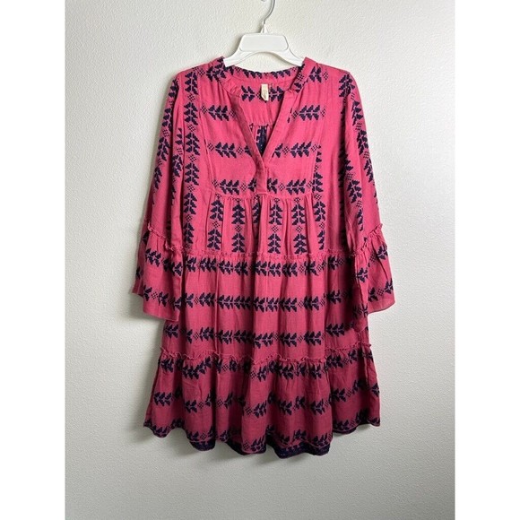 Elan Women's Clara Dress Embroidered Long Sleeve Tiered Pink Blue Size Small - Picture 2 of 9